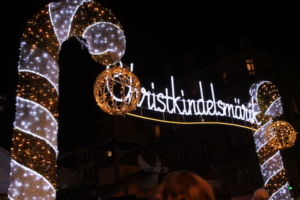The entry to one of Strasbourg’s Christmas markets. The German-language sign, Christkindelsmarkt, reflects Strasbourg’s proximity to the German border. Also, at one time, Strasbourg was part of Germany.