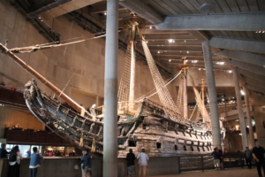 Above. The 17th century Vasa seen at ground floor level of the Vasa Museum. Below, Vasa seen at a higher viewing level. The photos give some indication of how large the ship is. 